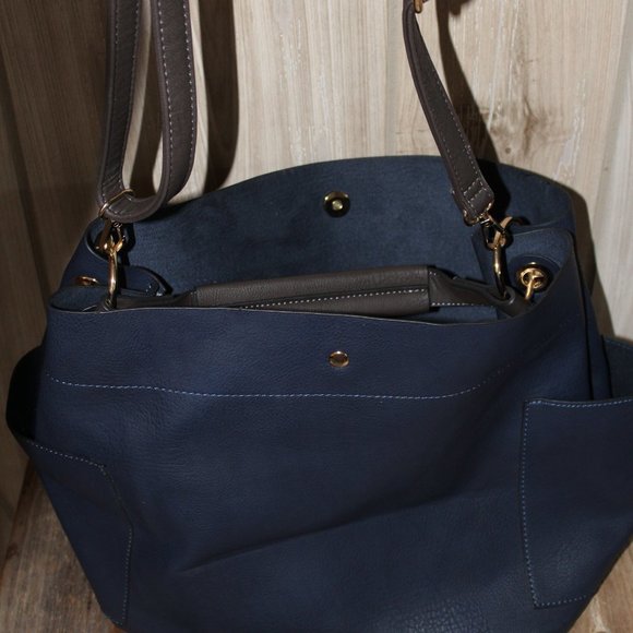 Women Dark Blue Bucket Bag 2 Straps Over Shoulder + Briefcase Handle Style - Picture 12 of 15